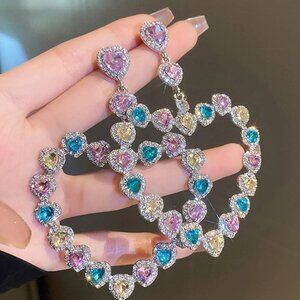 Silver Boho Womens Rhinestone Heart Decor Earrings